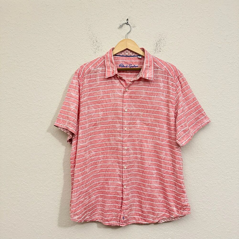 ROBERT GRAHAM Classic Fit Hawaiian Palm Print Stripe SS Shirt Pink Salmon